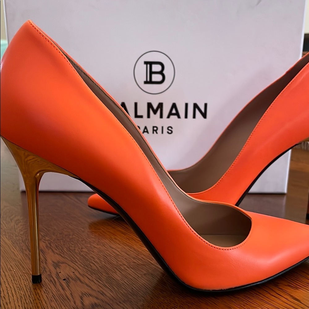 Balmain Orange Stiletto Heels with Pointed Toe